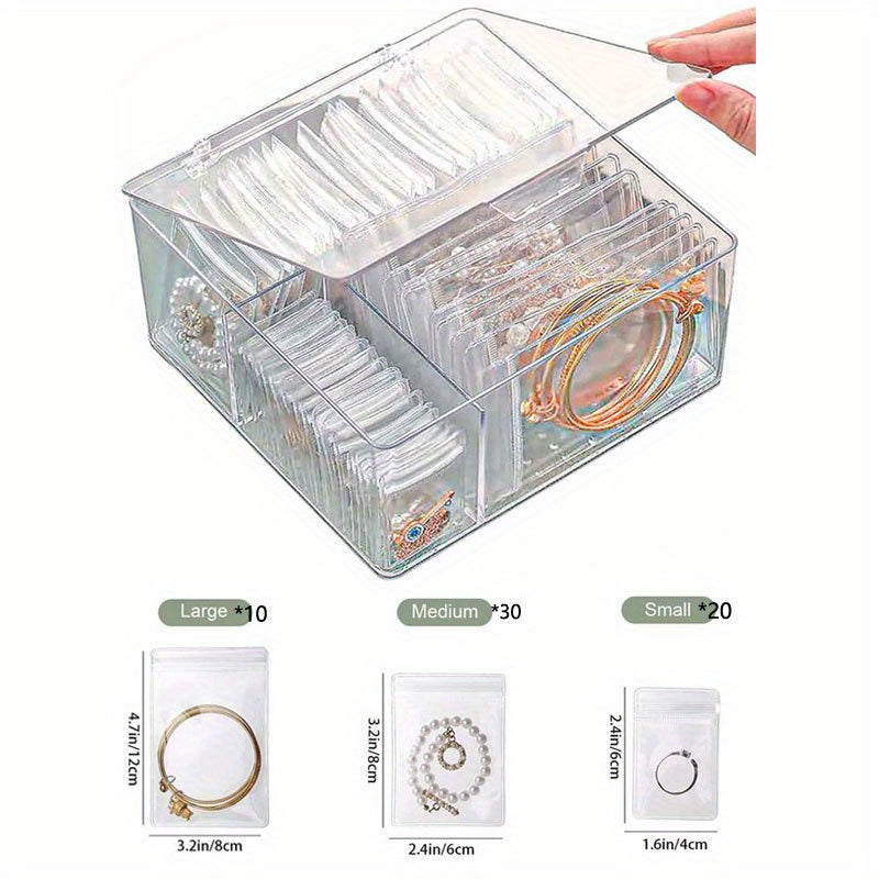 60 Anti-Tarnish Bags Acrylic Jewelry Organizer Box, Clear Transparent Storage Case with Compartments, Contemporary Multipurpose Floor Mounted Plastic Box for Earrings, Rings, Necklaces, Bracelets - No Electricity Needed