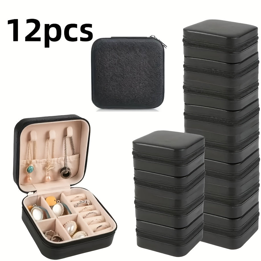 12pcs/9pcs/6pcs Vintage Rectangle Imitation Leather Small Jewelry Storage Box, Portable, with Zipper Closure, Fabric Inside, for Travel, Daily Use, Bridesmaid Proposal, Valentine'S Day, New Year, Jewelry Boxes