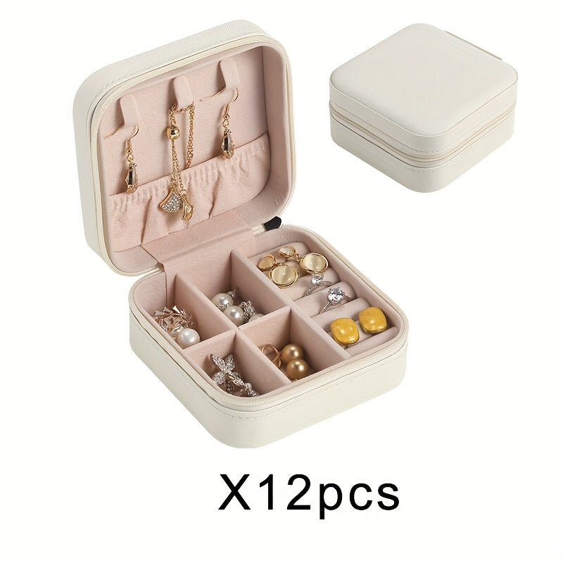 12pcs/9pcs/6pcs Vintage Rectangle Imitation Leather Small Jewelry Storage Box, Portable, with Zipper Closure, Fabric Inside, for Travel, Daily Use, Bridesmaid Proposal, Valentine'S Day, New Year, Jewelry Boxes