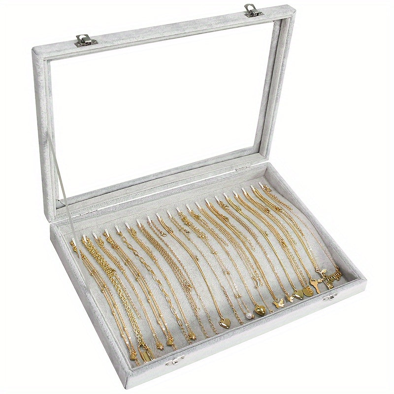 20-Hook Luxury Jewelry Organizer with Clear Lid and Plush Velvet Tray - Display and Store Necklaces, Pendants, and Accessories with Ease - Gray/Black (PMMJ)