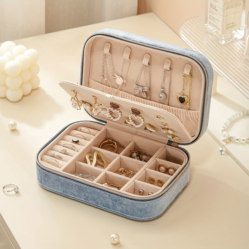 1pc Glam Style 3-Layer Velvet Jewelry Box with Zipper Closure - Multipurpose Rectangular Organizer with Necklace Hooks for Earrings, Necklaces, Rings, Watches, Hair Accessories - Ideal for Travel & Home Storage - Perfect for Christmas, New Year,