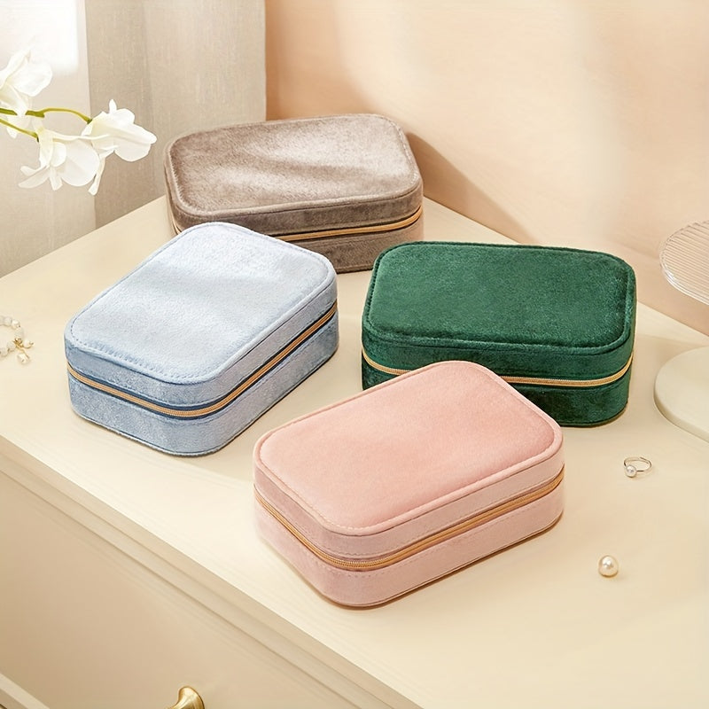 1pc Glam Style 3-Layer Velvet Jewelry Box with Zipper Closure - Multipurpose Rectangular Organizer with Necklace Hooks for Earrings, Necklaces, Rings, Watches, Hair Accessories - Ideal for Travel & Home Storage - Perfect for Christmas, New Year,