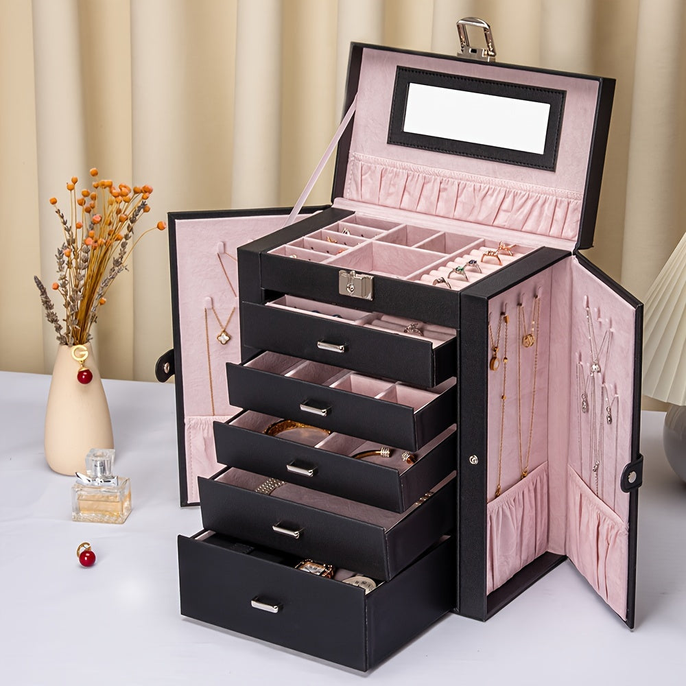 FEIYAN 6 Tier Jewelry Box, Jewelry Case With 5 Drawers, Large Storage Capacity, With Mirror, Lockable, Jewelry Storage Organizer, Gift For Loved Ones