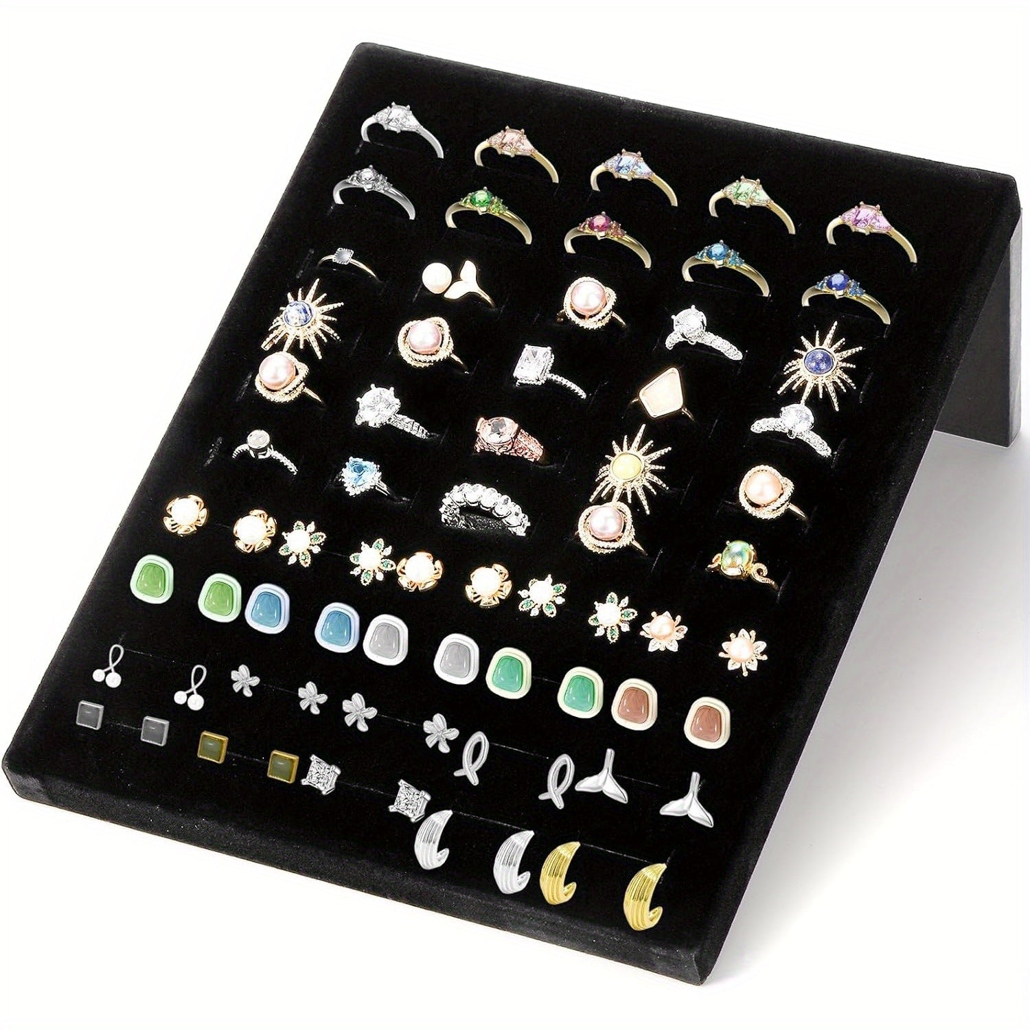 [Durable Jewelry Trays] Hiceeden 3-Pack L-Shaped Jewelry Display Stands | Black Velvet-Lined Plastic Ring Organizer Trays with 60 Slots for Earrings, Rings, Bracelets - Desktop Retail Store & Home Storage, Earring Arrangement, Intertwined Design, Durable