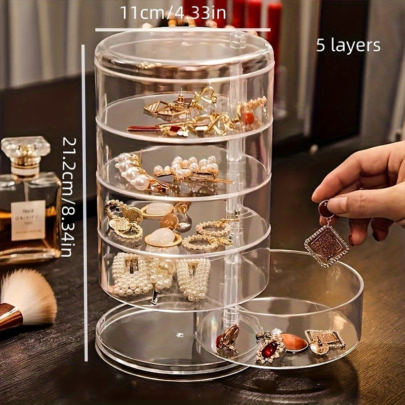 1 Awaoko rotating five-layer jewelry & hair accessories storage box-transparent plastic dust-proof cover, oval table earrings, hair clips, rubber bands and ladies daily jewelry storage box, transparent durable plastic jewelry storage box, Jewelry Boxes