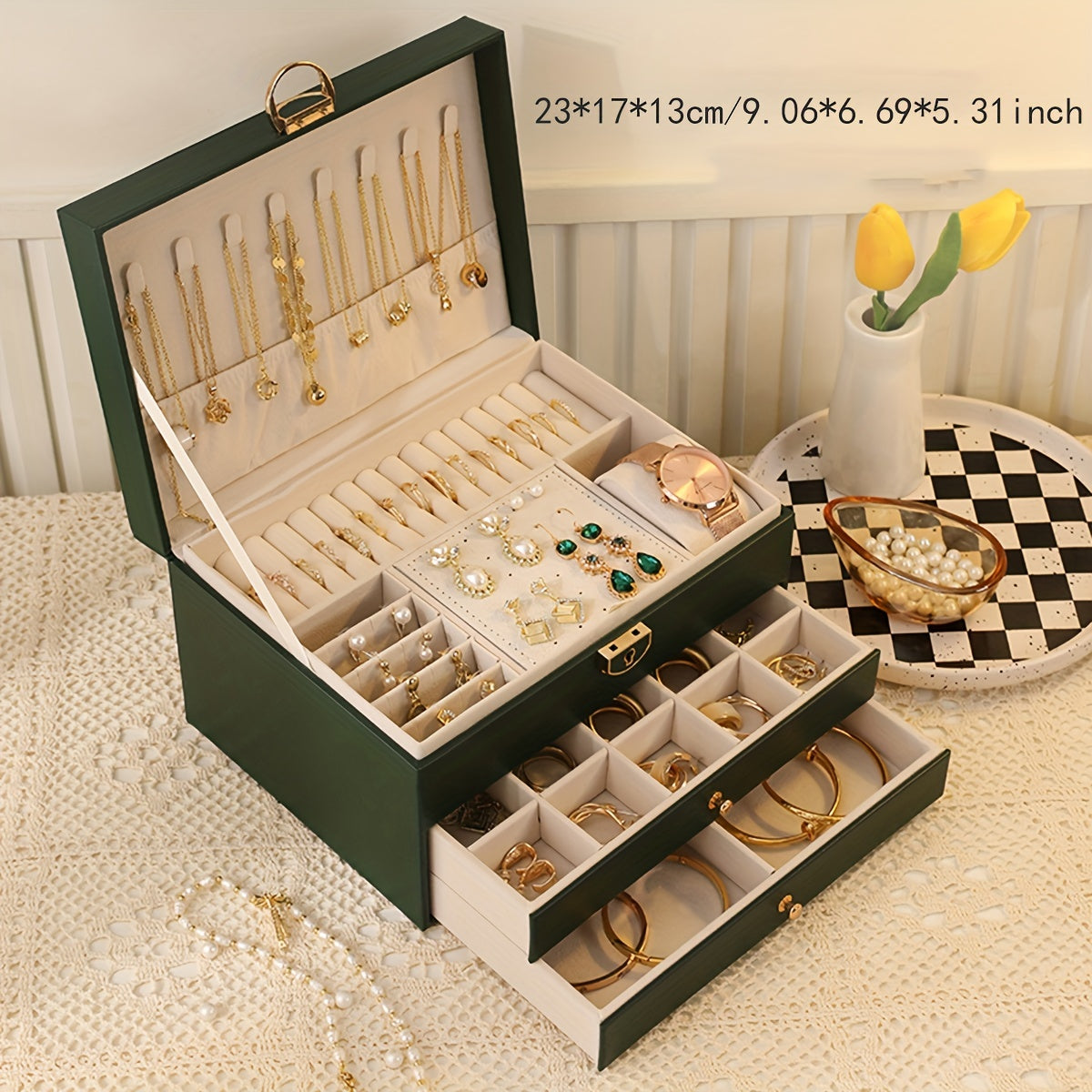 [High-end Jewelry Box] Large Capacity High-end Jewelry Storage Box | Organizer for Necklaces, Earrings, Studs, Bracelets, and Rings - Perfect Gift for Mother's Day, Father's Day, or Teacher Appreciation, Fine Golden Accessories Jewelry Boxes
