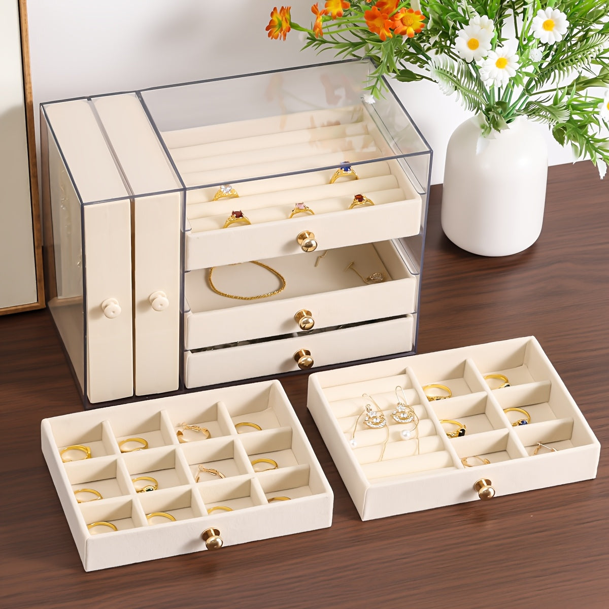 Large Capacity Jewelry Organizer Box with Multiple Compartments for Earrings, Rings, Necklaces & Bracelets - Durable Plastic Desktop Storage Box with Golden Handles, Polished Finish, Fabric-Lined Interior - Ideal for Valentine'S Day & Christmas Gifts,