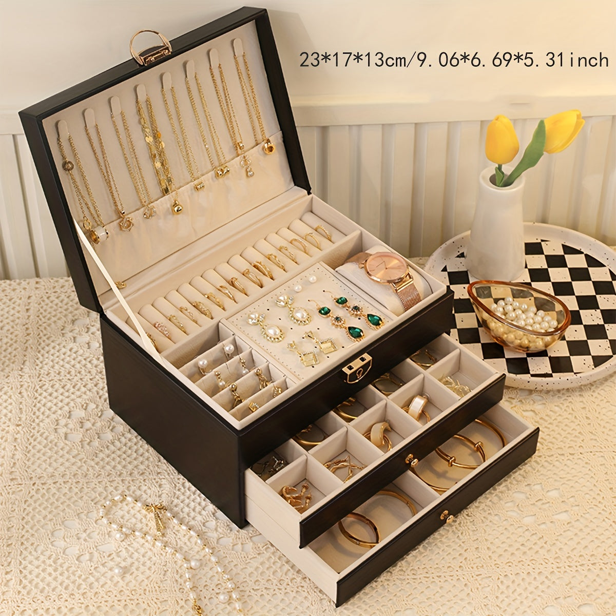 [High-end Jewelry Box] Large Capacity High-end Jewelry Storage Box | Organizer for Necklaces, Earrings, Studs, Bracelets, and Rings - Perfect Gift for Mother's Day, Father's Day, or Teacher Appreciation, Fine Golden Accessories Jewelry Boxes