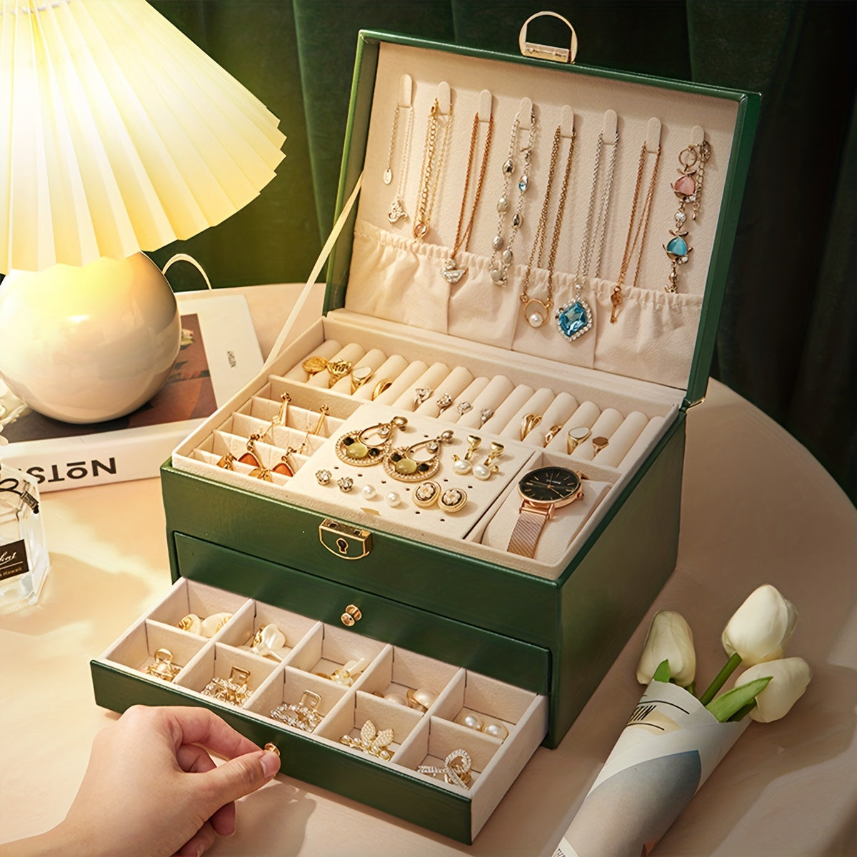 [High-end Jewelry Box] Large Capacity High-end Jewelry Storage Box | Organizer for Necklaces, Earrings, Studs, Bracelets, and Rings - Perfect Gift for Mother's Day, Father's Day, or Teacher Appreciation, Fine Golden Accessories Jewelry Boxes
