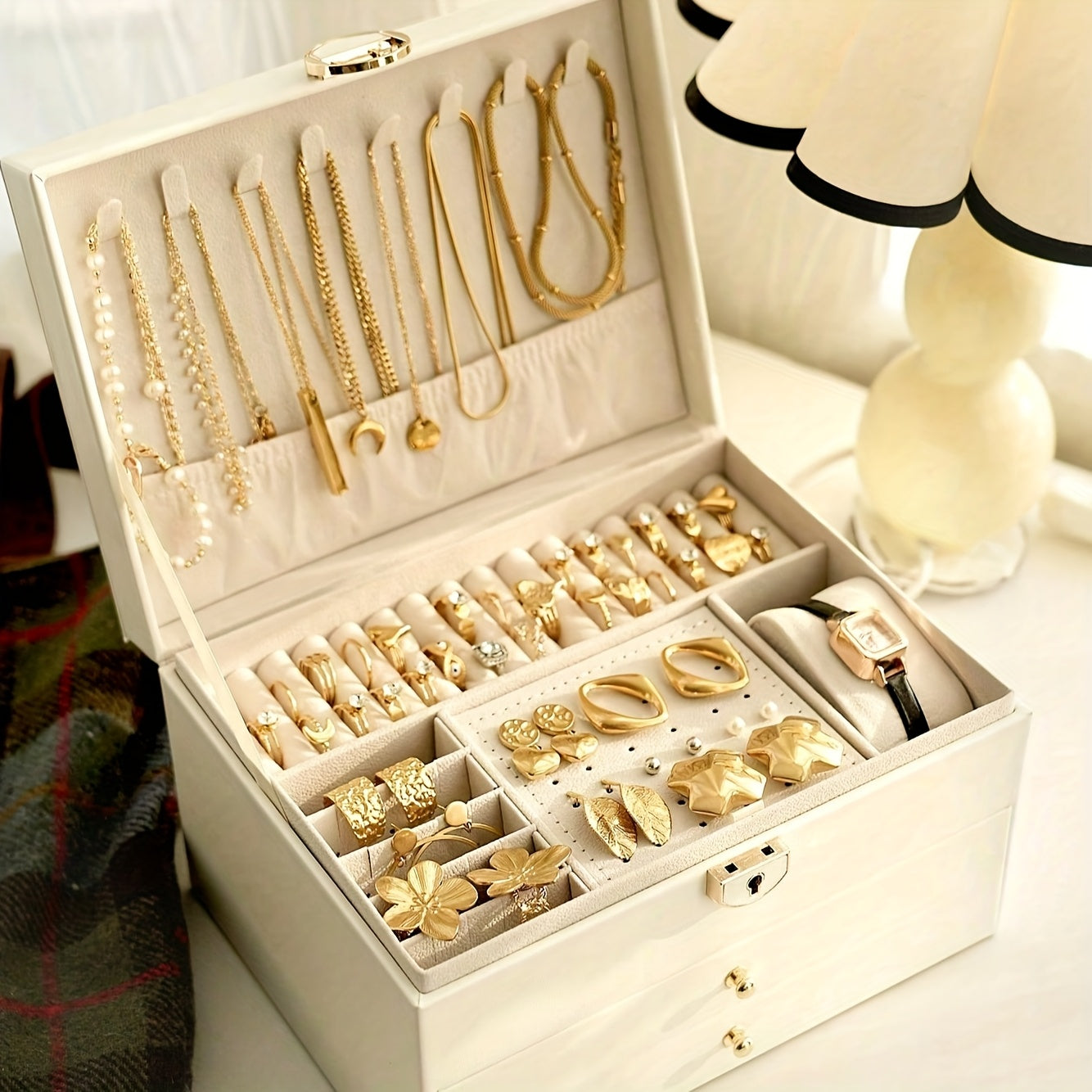 Elegant French-Style Jewelry Box with Key Lock - Large Capacity, Three-Tier Organizer for Necklaces, Earrings, Rings, And Bracelets - Classic Design with Drawers, Ideal for Spring, Summer, Fall, And Winter, Jewelry Storage|Classic Jewelry Box|