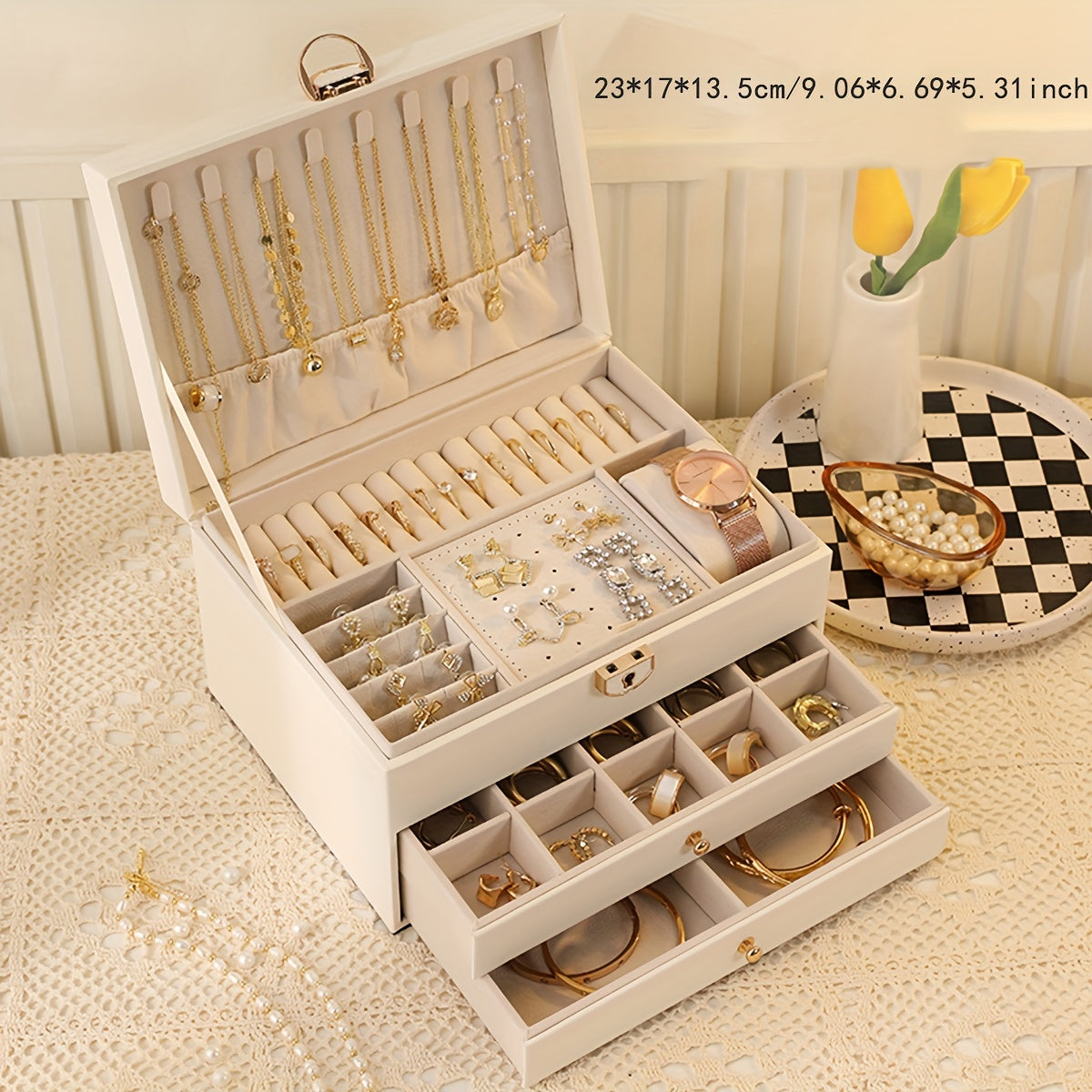 [High-end Jewelry Box] Large Capacity High-end Jewelry Storage Box | Organizer for Necklaces, Earrings, Studs, Bracelets, and Rings - Perfect Gift for Mother's Day, Father's Day, or Teacher Appreciation, Fine Golden Accessories Jewelry Boxes