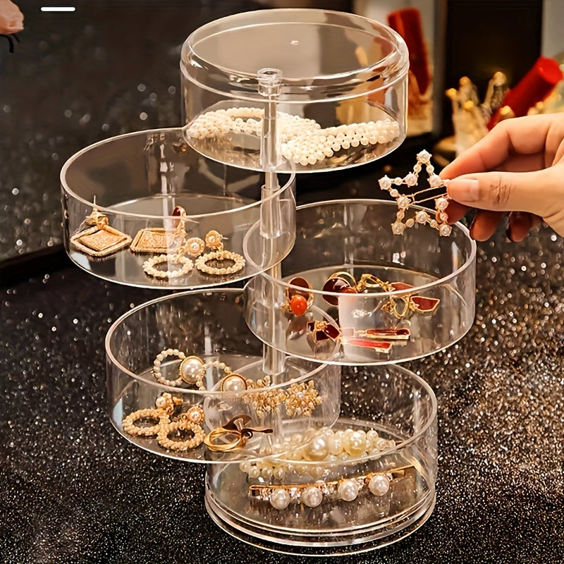 1 Awaoko rotating five-layer jewelry & hair accessories storage box-transparent plastic dust-proof cover, oval table earrings, hair clips, rubber bands and ladies daily jewelry storage box, transparent durable plastic jewelry storage box, Jewelry Boxes