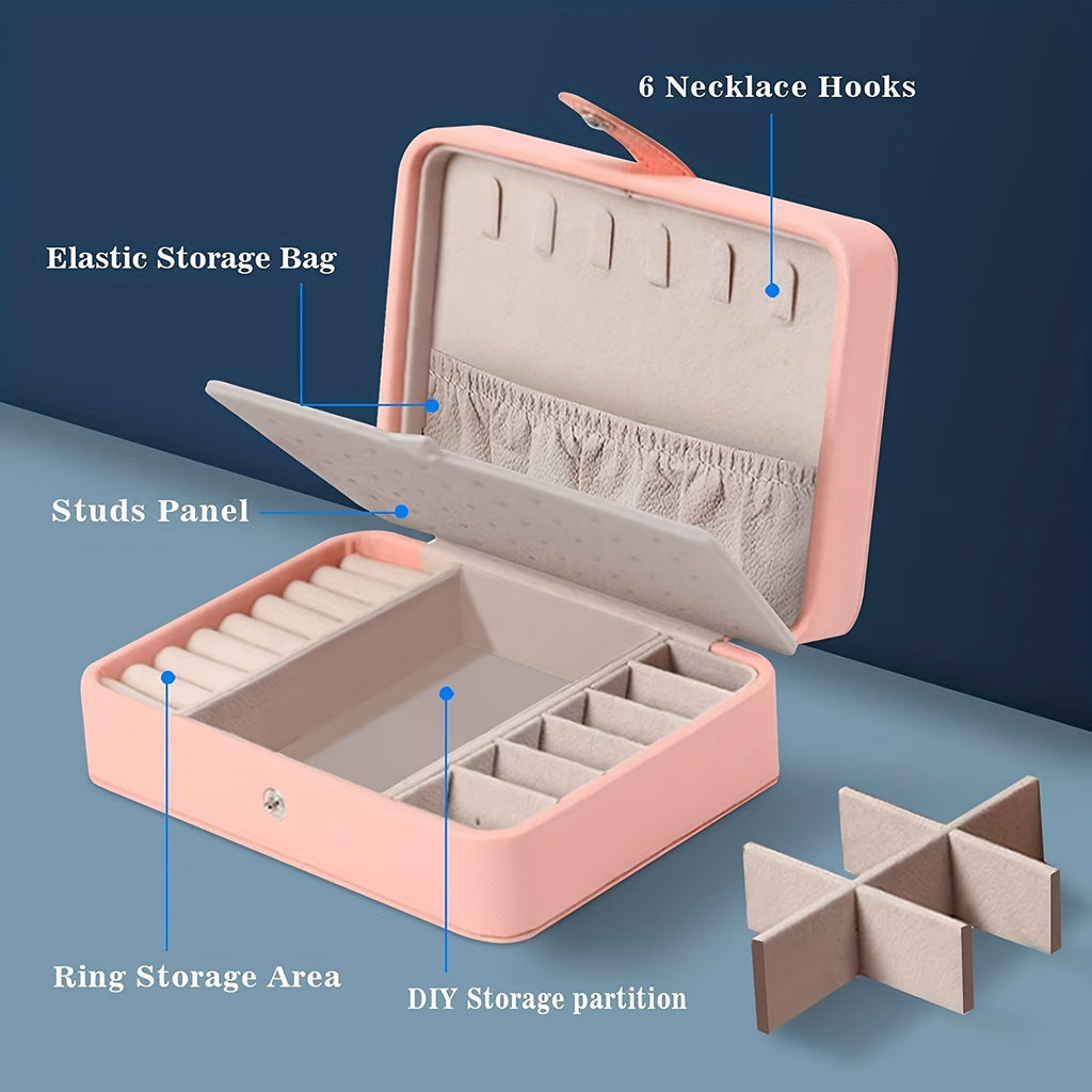 1pc Luxury Travel Jewelry Box - Pink Faux Leather Portable Organizer with Multiple Compartments for Earrings, Rings, Necklaces & Accessories - Stylish Aesthetic Decor for Bedroom, Bathroom, Kitchen & Home, Jewelry Box Organizer, Jewelry Display Case,