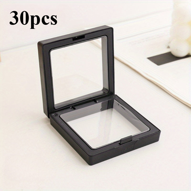 [Plastic Display Box] 30pcs Plastic 3D Floating Display Box | Transparent, Dust-Proof, with Elastic Film | for Jewelry Storage and Gift Packaging, for Necklaces, Bracelets, Rings, Coins, Earrings, Pins, Retail and Personal Use