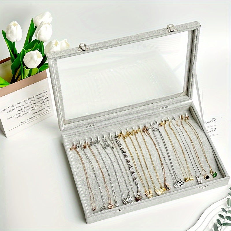 20-Hook Luxury Jewelry Organizer with Clear Lid and Plush Velvet Tray - Display and Store Necklaces, Pendants, and Accessories with Ease - Gray/Black (PMMJ)